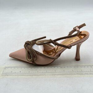 Nude Women's Double Bow Pointed Toe Ankle Strap Crystal Pumps Wedding Sandals